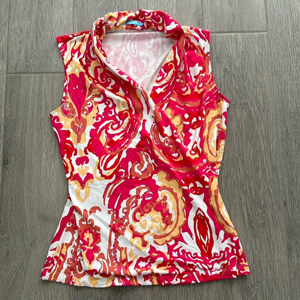 J. McLaughlin sleeveless faux wrap top in vibrant color pattern